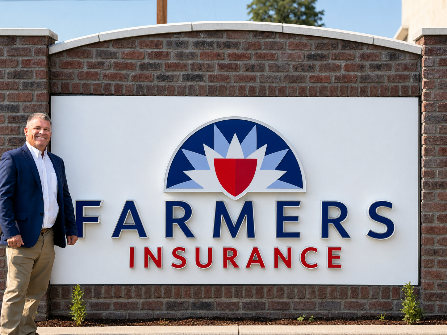 Tommy in front of the Farmers Insurance sign outside of his office