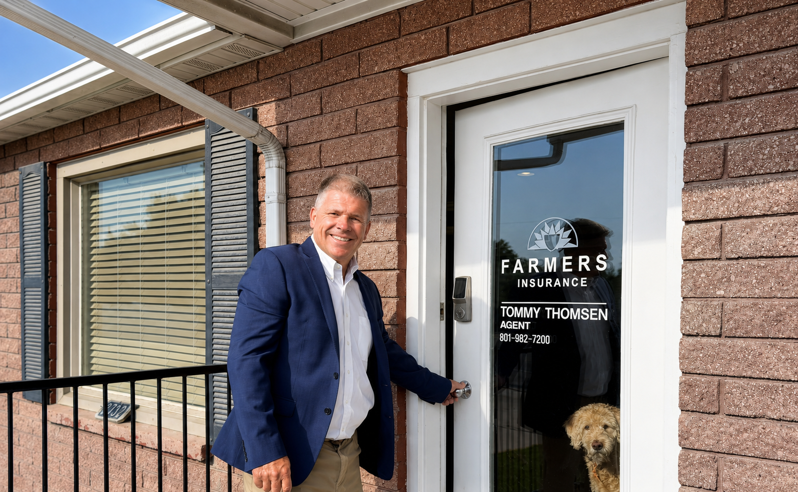Tommy opening the office door with his dog Ranger